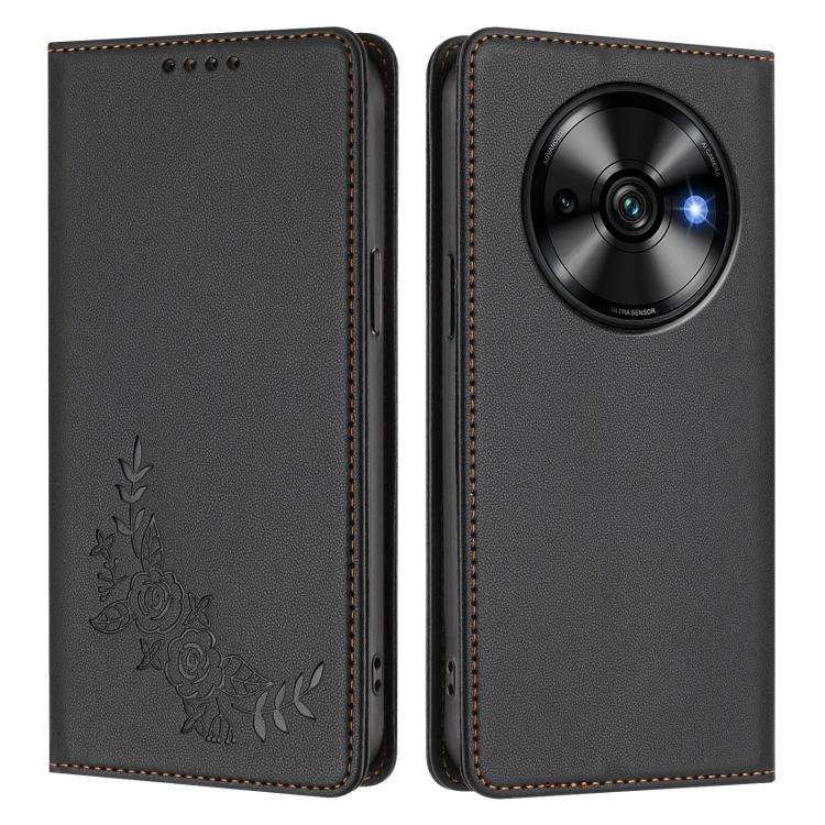 For Oukitel C59 / C59 Pro Peony Embossed Magnetic RFID Vegan Leather Phone Case(Black)