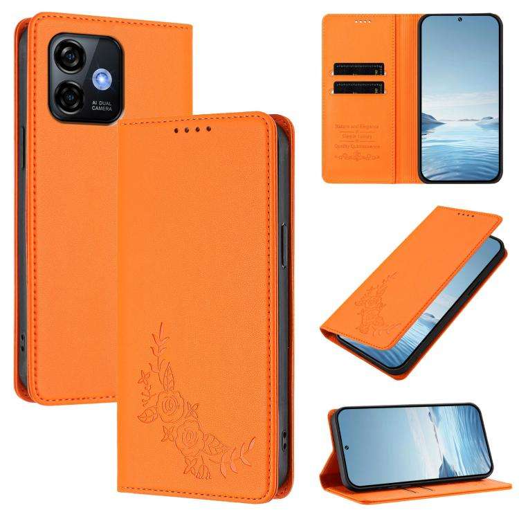 For Ulefone Note 16 Pro Peony Embossed Magnetic RFID Vegan Leather Phone Case(Orange)