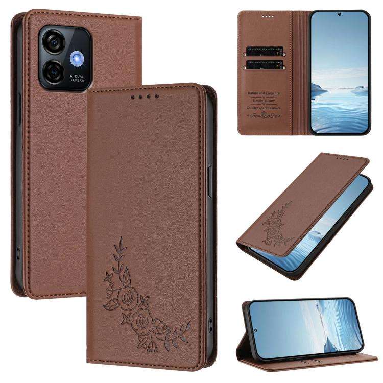 For Ulefone Note 16 Pro Peony Embossed Magnetic RFID Vegan Leather Phone Case(Brown)