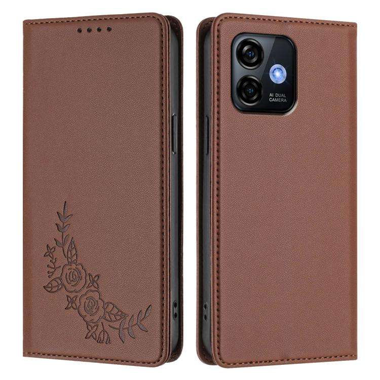 For Ulefone Note 16 Pro Peony Embossed Magnetic RFID Vegan Leather Phone Case(Brown)
