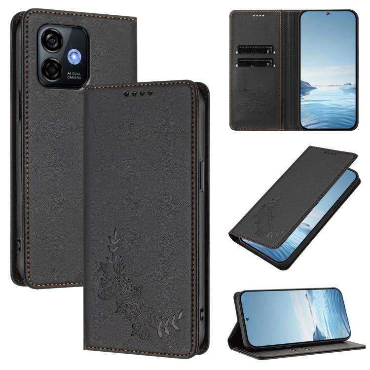 For Ulefone Note 16 Pro Peony Embossed Magnetic RFID Vegan Leather Phone Case(Black)