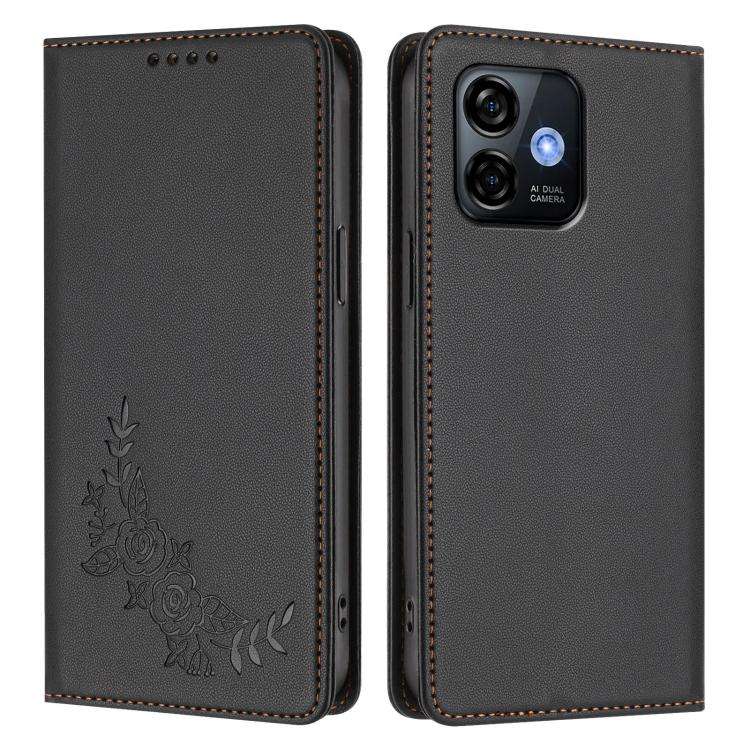 For Ulefone Note 16 Pro Peony Embossed Magnetic RFID Vegan Leather Phone Case(Black)