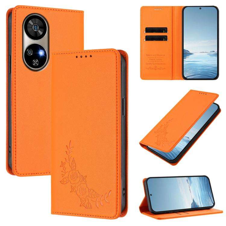 For Ulefone Note 17 Pro Peony Embossed Magnetic RFID Vegan Leather Phone Case(Orange)