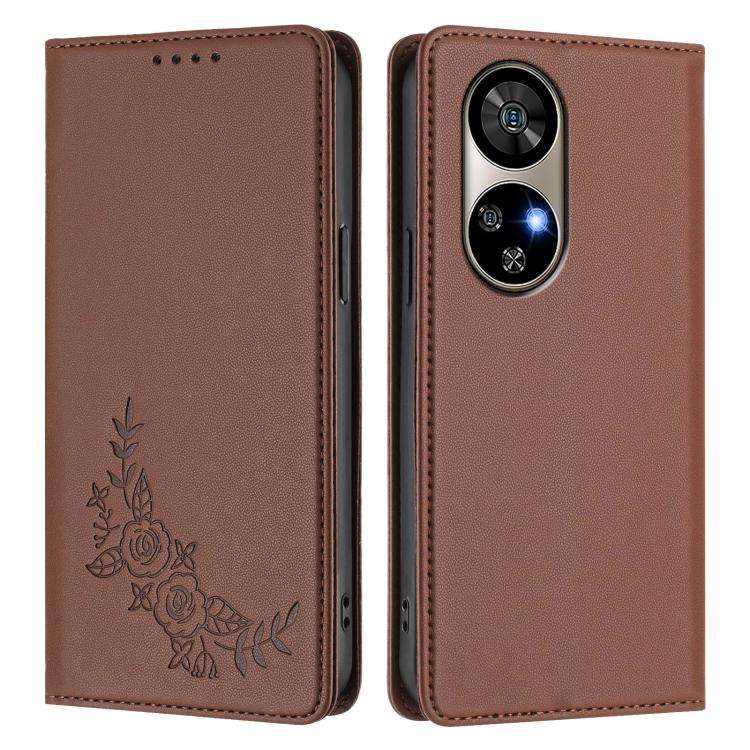 For Ulefone Note 17 Pro Peony Embossed Magnetic RFID Vegan Leather Phone Case(Brown)