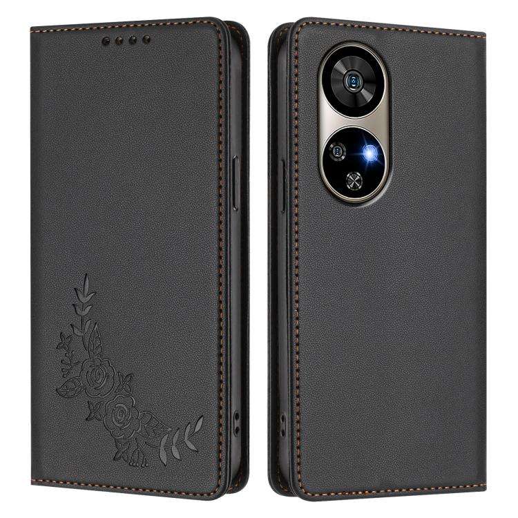 For Ulefone Note 17 Pro Peony Embossed Magnetic RFID Vegan Leather Phone Case(Black)