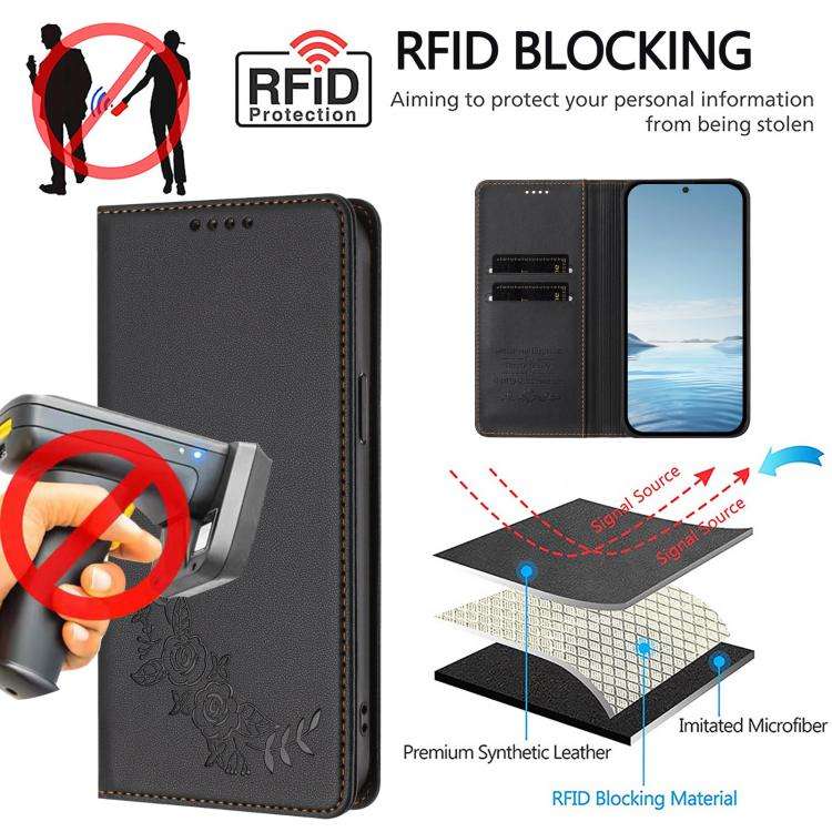 For Ulefone Note 17 Pro Peony Embossed Magnetic RFID Vegan Leather Phone Case(Black)