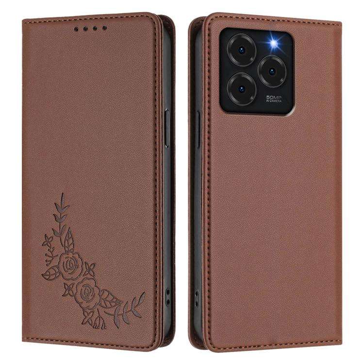For Ulefone Note 20 Pro Peony Embossed Magnetic RFID Vegan Leather Phone Case(Brown)