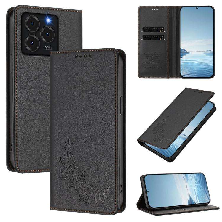 For Ulefone Note 20 Pro Peony Embossed Magnetic RFID Vegan Leather Phone Case(Black)