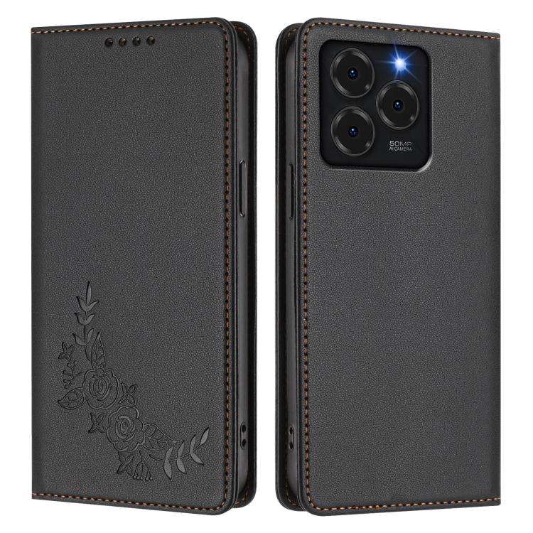 For Ulefone Note 20 Pro Peony Embossed Magnetic RFID Vegan Leather Phone Case(Black)
