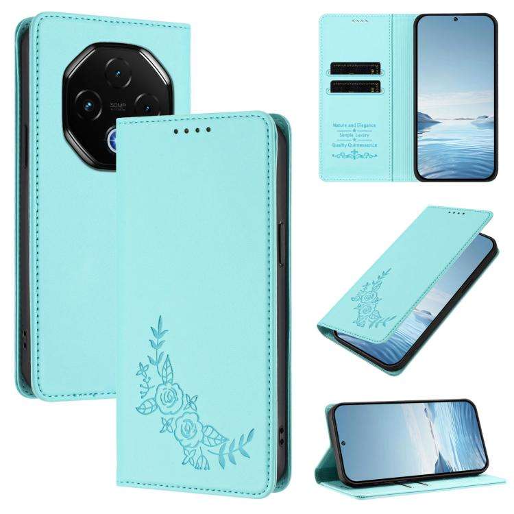 For UMIDIGI G100 Pro Peony Embossed Magnetic RFID Vegan Leather Phone Case(Mint Green)