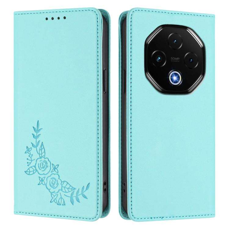 For UMIDIGI G100 Pro Peony Embossed Magnetic RFID Vegan Leather Phone Case(Mint Green)