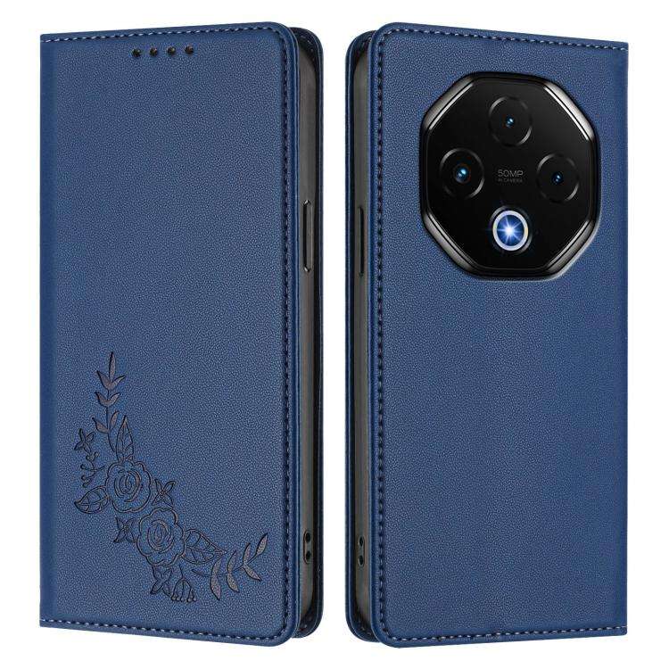 For UMIDIGI G100 Pro Peony Embossed Magnetic RFID Vegan Leather Phone Case(Dark Blue)