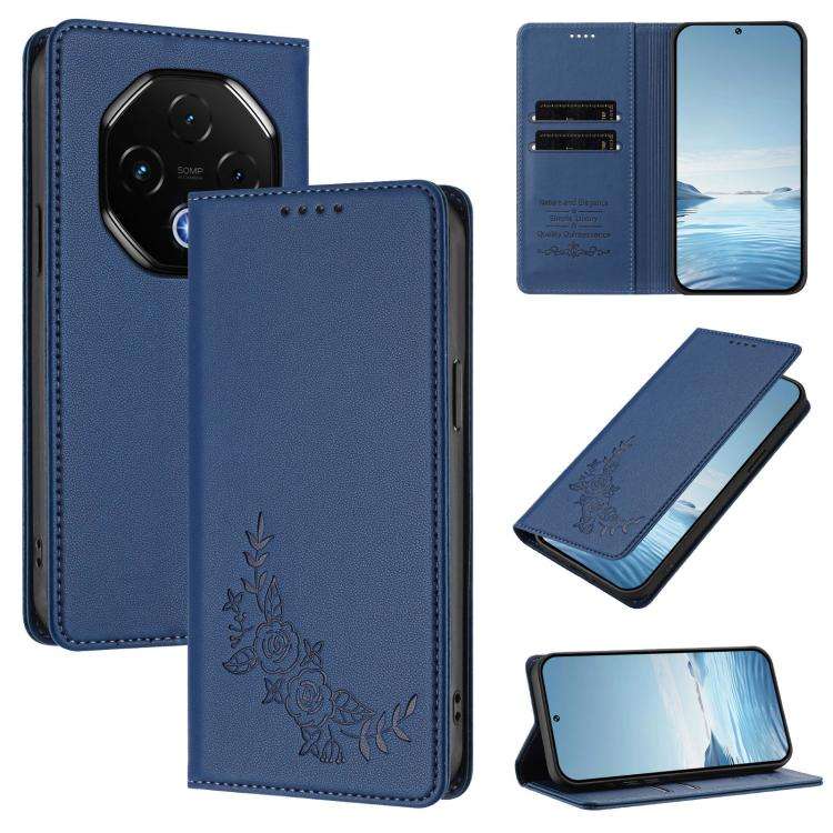 For UMIDIGI G100 Pro Peony Embossed Magnetic RFID Vegan Leather Phone Case(Dark Blue)