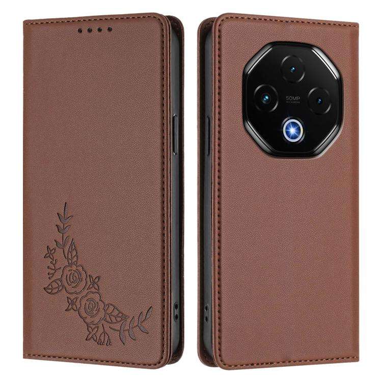 For UMIDIGI G100 Pro Peony Embossed Magnetic RFID Vegan Leather Phone Case(Brown)