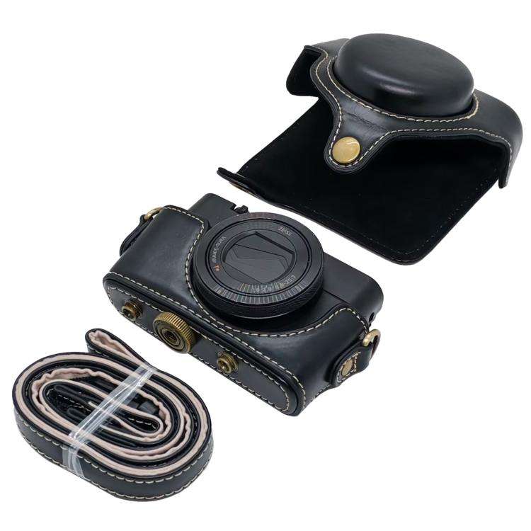 For Sony RX100 M7 / RX100 VII Full Body Retro Vegan Leather Camera Case Bag with Strap(Black)