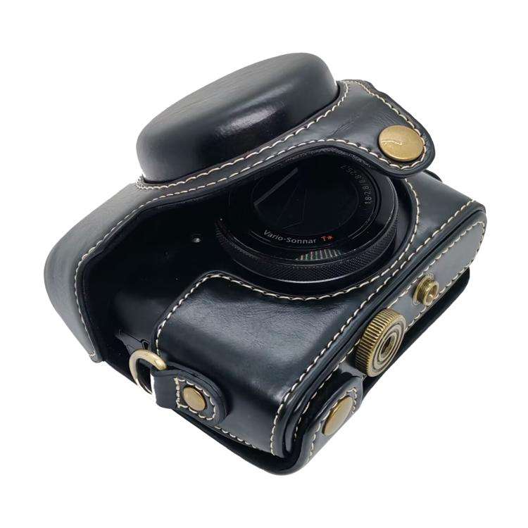 For Sony RX100 M7 / RX100 VII Full Body Retro Vegan Leather Camera Case Bag with Strap(Black)
