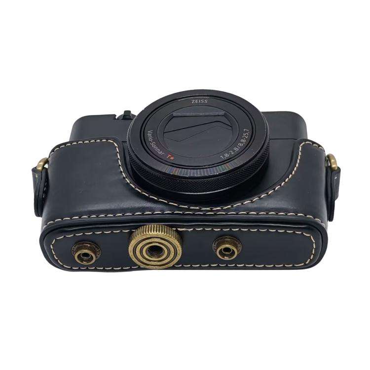 For Sony RX100 M7 / RX100 VII Full Body Retro Vegan Leather Camera Case Bag with Strap(Black)