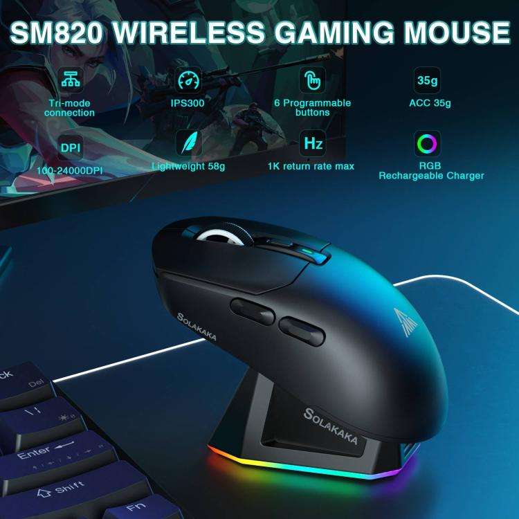 SOLAKAKA SM820 Tri-Mode 22000DPI 1000Hz Wireless Gaming Mouse with RGB Charging Dock(Black)