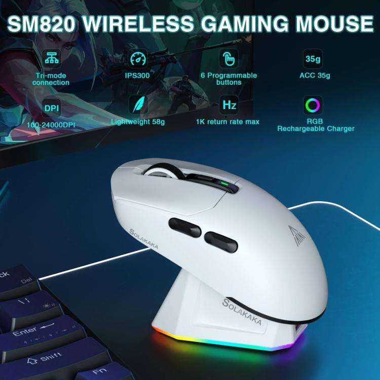 SOLAKAKA SM820 Tri-Mode 22000DPI 1000Hz Wireless Gaming Mouse with RGB Charging Dock(White)