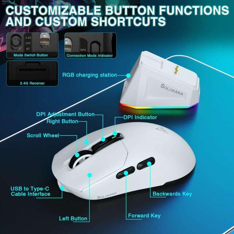 SOLAKAKA SM820 Tri-Mode 22000DPI 1000Hz Wireless Gaming Mouse with RGB Charging Dock(White)