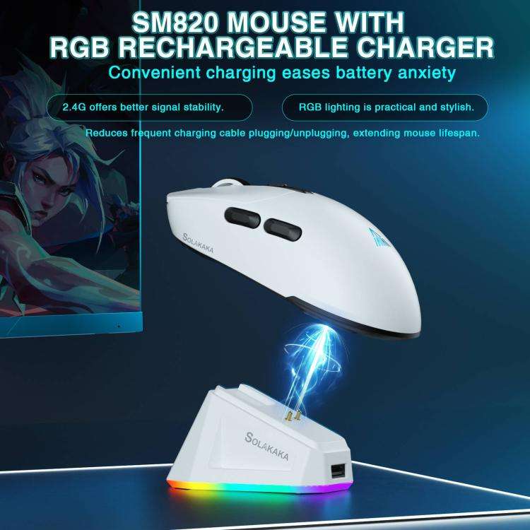 SOLAKAKA SM820 Tri-Mode 22000DPI 1000Hz Wireless Gaming Mouse with RGB Charging Dock(White)