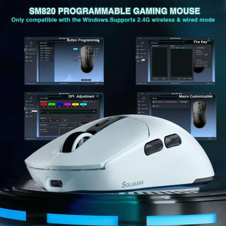SOLAKAKA SM820 Tri-Mode 22000DPI 1000Hz Wireless Gaming Mouse with RGB Charging Dock(White)
