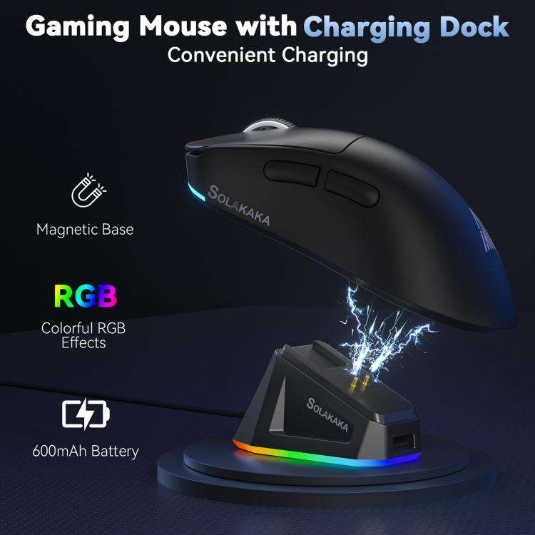 SOLAKAKA SM822 Tri-Mode 24000DPI 1000Hz Wireless Gaming Mouse with RGB Charging Dock(Black)