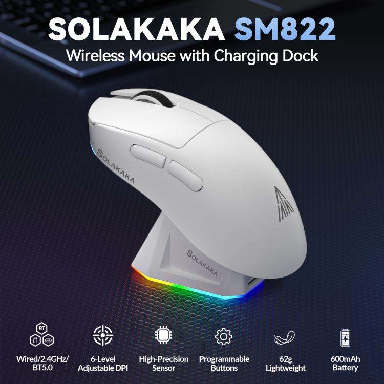 SOLAKAKA SM822 Tri-Mode 24000DPI 1000Hz Wireless Gaming Mouse with RGB Charging Dock(White)