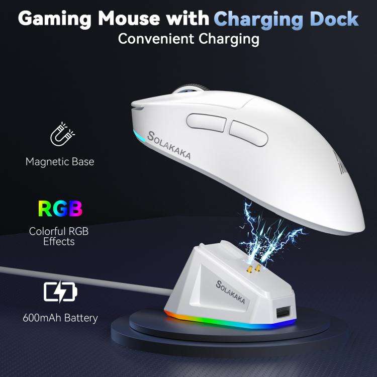 SOLAKAKA SM822 Tri-Mode 24000DPI 1000Hz Wireless Gaming Mouse with RGB Charging Dock(White)