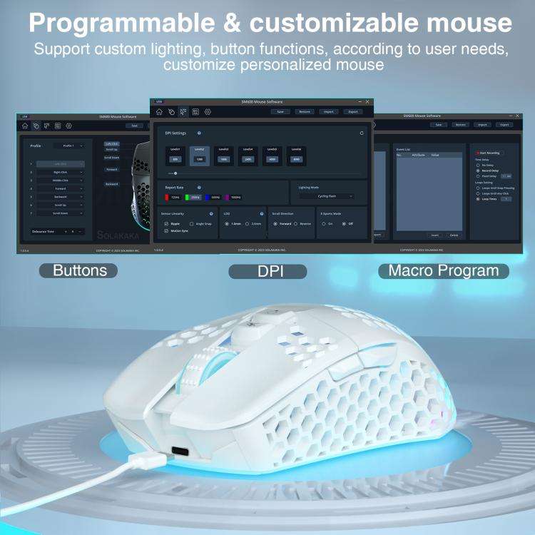 SOLAKAKA SM600 Hollowed Out RGB Tri-mode Wireless Gaming Mouse(White)