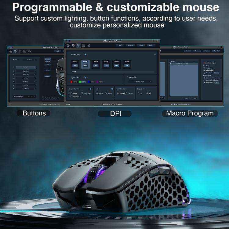 SOLAKAKA SM600 Hollowed Out RGB Tri-mode Wireless Gaming Mouse(Black)
