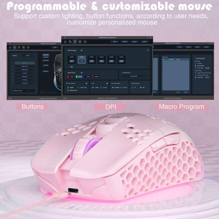 SOLAKAKA SM600 Hollowed Out RGB Tri-mode Wireless Gaming Mouse(Pink)