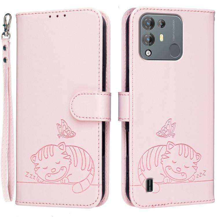 For Blackview A55 Pro Cat Butterfly Embossed RFID Vegan Leather Phone Case with Strap(Pink)
