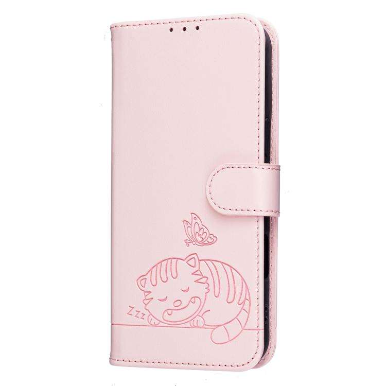 For Blackview A55 Pro Cat Butterfly Embossed RFID Vegan Leather Phone Case with Strap(Pink)