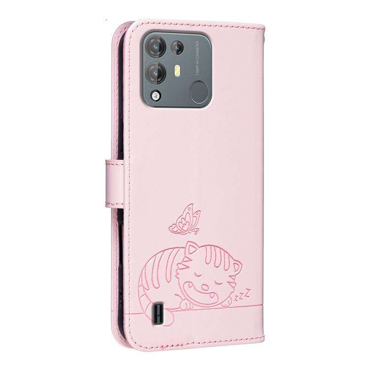 For Blackview A55 Pro Cat Butterfly Embossed RFID Vegan Leather Phone Case with Strap(Pink)