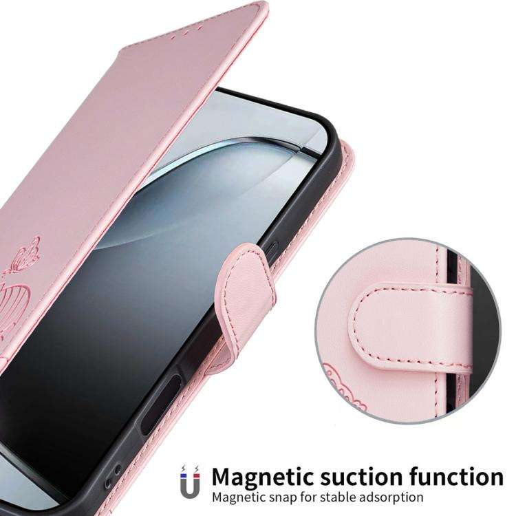 For Blackview A55 Pro Cat Butterfly Embossed RFID Vegan Leather Phone Case with Strap(Pink)