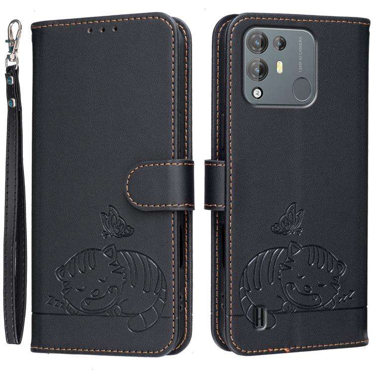 For Blackview A55 Pro Cat Butterfly Embossed RFID Vegan Leather Phone Case with Strap(Black)