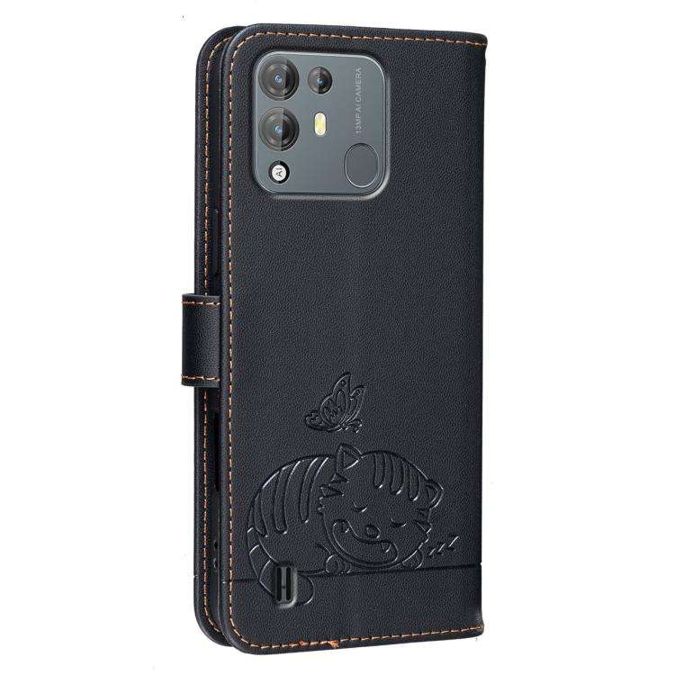 For Blackview A55 Pro Cat Butterfly Embossed RFID Vegan Leather Phone Case with Strap(Black)