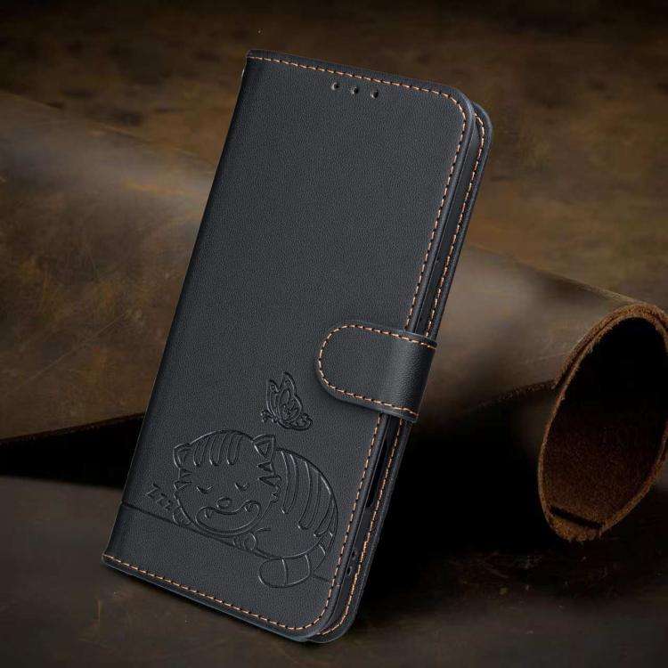 For Blackview A55 Pro Cat Butterfly Embossed RFID Vegan Leather Phone Case with Strap(Black)