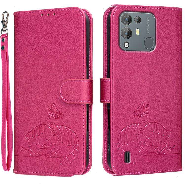 For Blackview A55 Pro Cat Butterfly Embossed RFID Vegan Leather Phone Case with Strap(Rose Red)