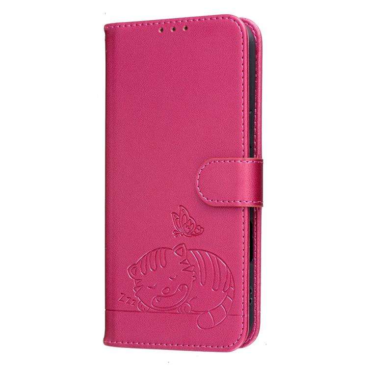 For Blackview A55 Pro Cat Butterfly Embossed RFID Vegan Leather Phone Case with Strap(Rose Red)
