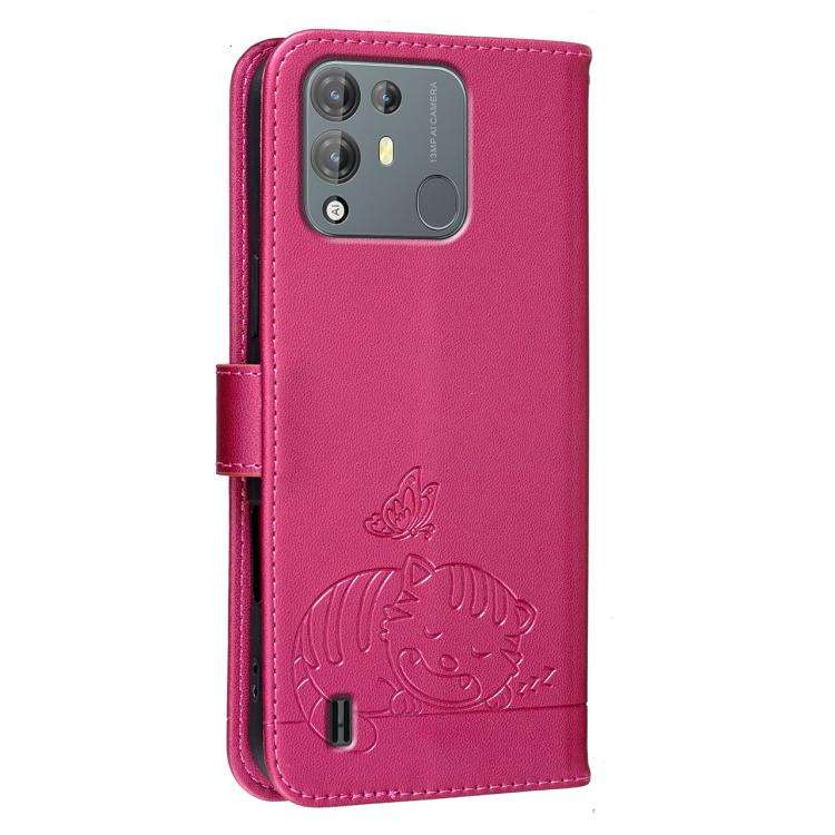For Blackview A55 Pro Cat Butterfly Embossed RFID Vegan Leather Phone Case with Strap(Rose Red)