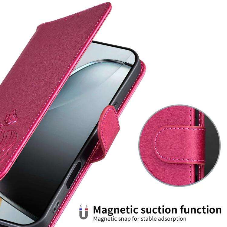 For Blackview A55 Pro Cat Butterfly Embossed RFID Vegan Leather Phone Case with Strap(Rose Red)