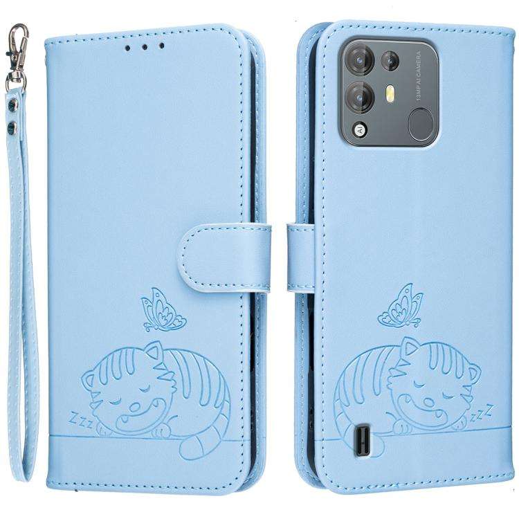 For Blackview A55 Pro Cat Butterfly Embossed RFID Vegan Leather Phone Case with Strap(Light Blue)