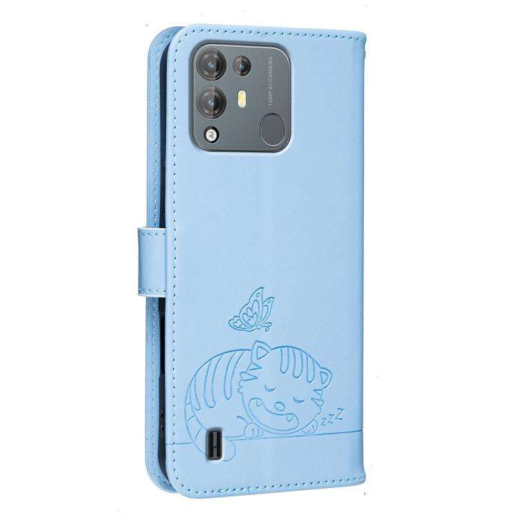For Blackview A55 Pro Cat Butterfly Embossed RFID Vegan Leather Phone Case with Strap(Light Blue)