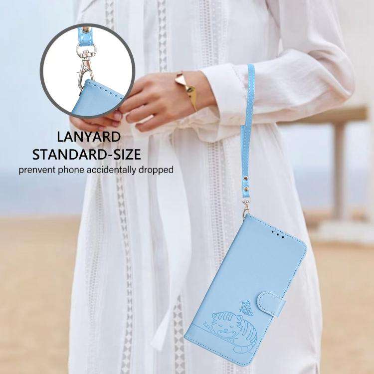 For Blackview A55 Pro Cat Butterfly Embossed RFID Vegan Leather Phone Case with Strap(Light Blue)