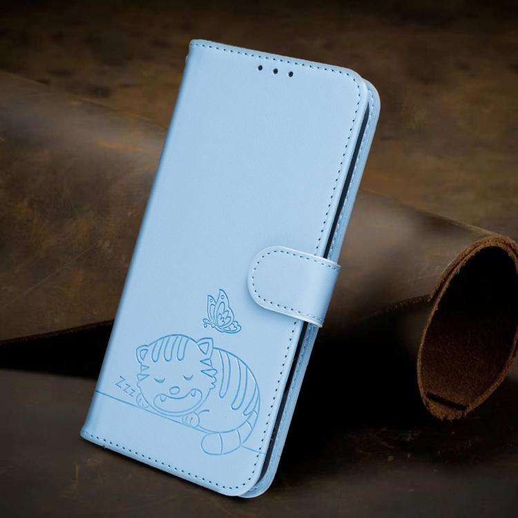 For Blackview A55 Pro Cat Butterfly Embossed RFID Vegan Leather Phone Case with Strap(Light Blue)