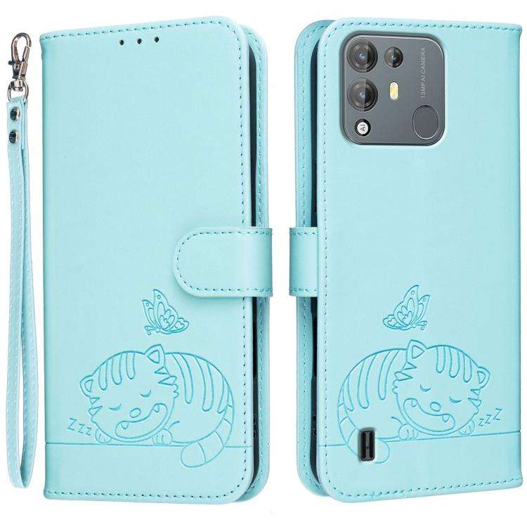 For Blackview A55 Pro Cat Butterfly Embossed RFID Vegan Leather Phone Case with Strap(Light Green)