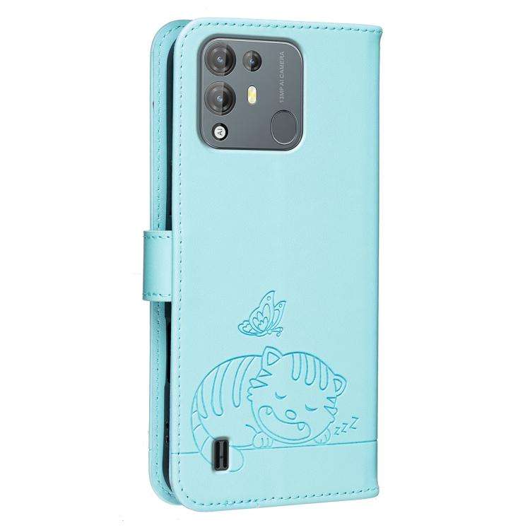 For Blackview A55 Pro Cat Butterfly Embossed RFID Vegan Leather Phone Case with Strap(Light Green)