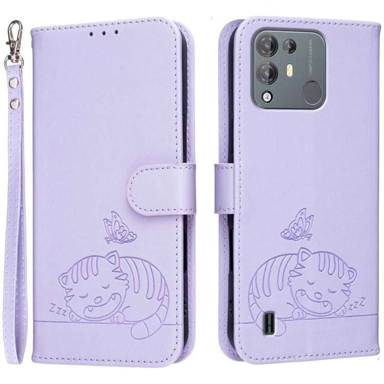 For Blackview A55 Pro Cat Butterfly Embossed RFID Vegan Leather Phone Case with Strap(Light Purple)